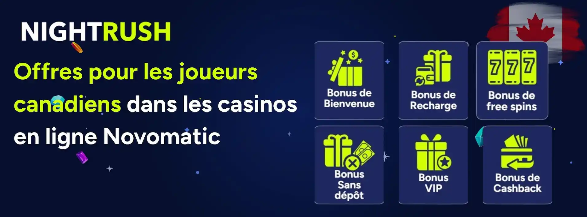 Une bannière sombre avec le logo Nightrush, des points, le drapeau canadien et le texte « Offres de casino pour les joueurs CA dans les casinos en ligne Novomatic ».