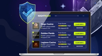 Présentation des casinos approuvés par Nightrush avec leurs logos et un badge de licence sécurisée.