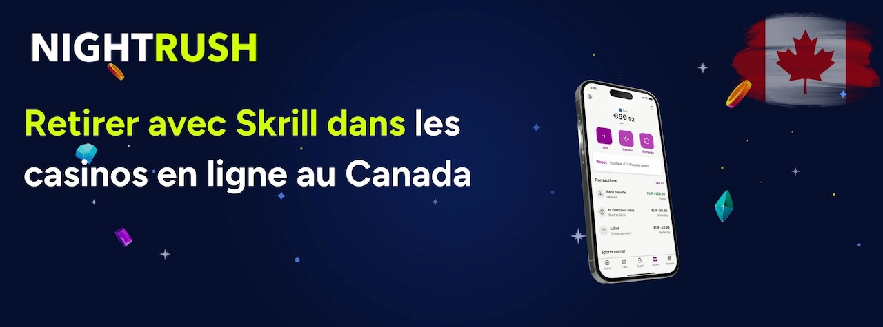 Bannière affichant le texte Retirer avec Skrill dans les casinos en ligne au Canada.