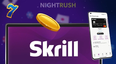 Bannière affichant l’écran de dépôt Skrill et un téléphone mobile.