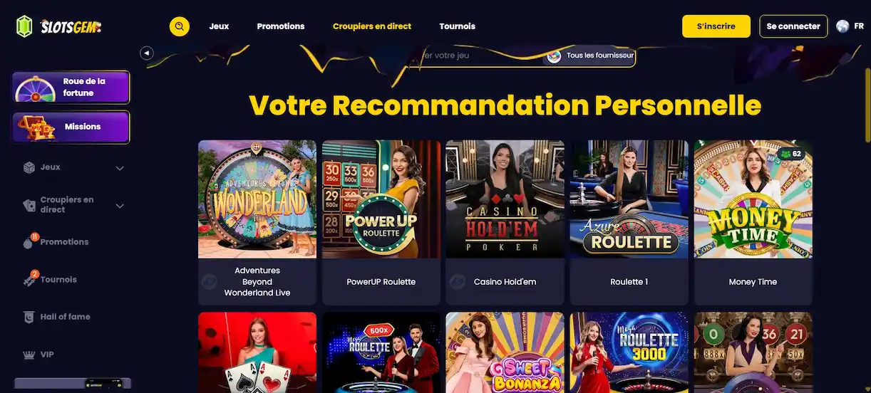 Page des jeux avec croupiers en direct de Slotsgem Casino