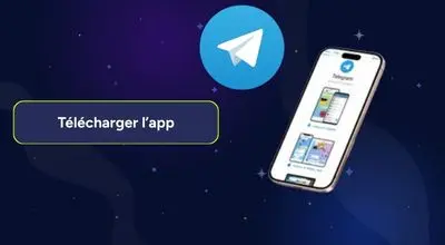 Un smartphone affiche la page de téléchargement de Telegram, avec un bouton Télécharger l’application.
