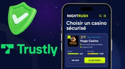 Smartphone montrant la sélection d’un casino en ligne sécurisé avec Trustly comme méthode de paiement.