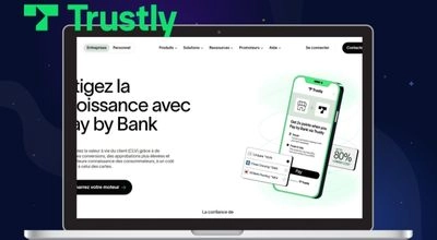 Présentation de Trustly Pay by Bank sur écran d’ordinateur, mettant en avant une solution de paiement en ligne directe et sécurisée.