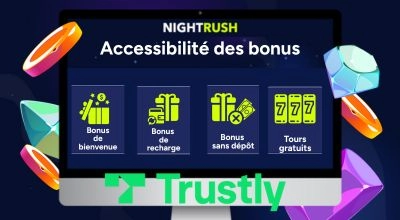 Types de bonus disponibles, incluant bonus de bienvenue, bonus de recharge, bonus sans dépôt et tours gratuits.
