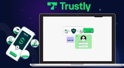 Interface Trustly affichée sur ordinateur et smartphone, illustrant un paiement bancaire rapide et sécurisé sans création de compte.