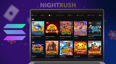 Ordinateur portable avec logo Solana et liste de jeux de casinos