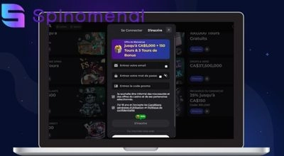 Interface d’inscription et de connexion d’un casino proposant Spinomenal, affichée sur écran d’ordinateur.