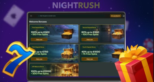 Présentation des bonus de bienvenue du casino en ligne Nightrush affichés sur ordinateur portable.