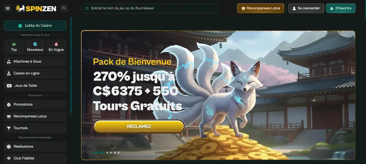 Page d’accueil du casino en ligne Spinzen affichant le lobby, les jeux et les promotions.