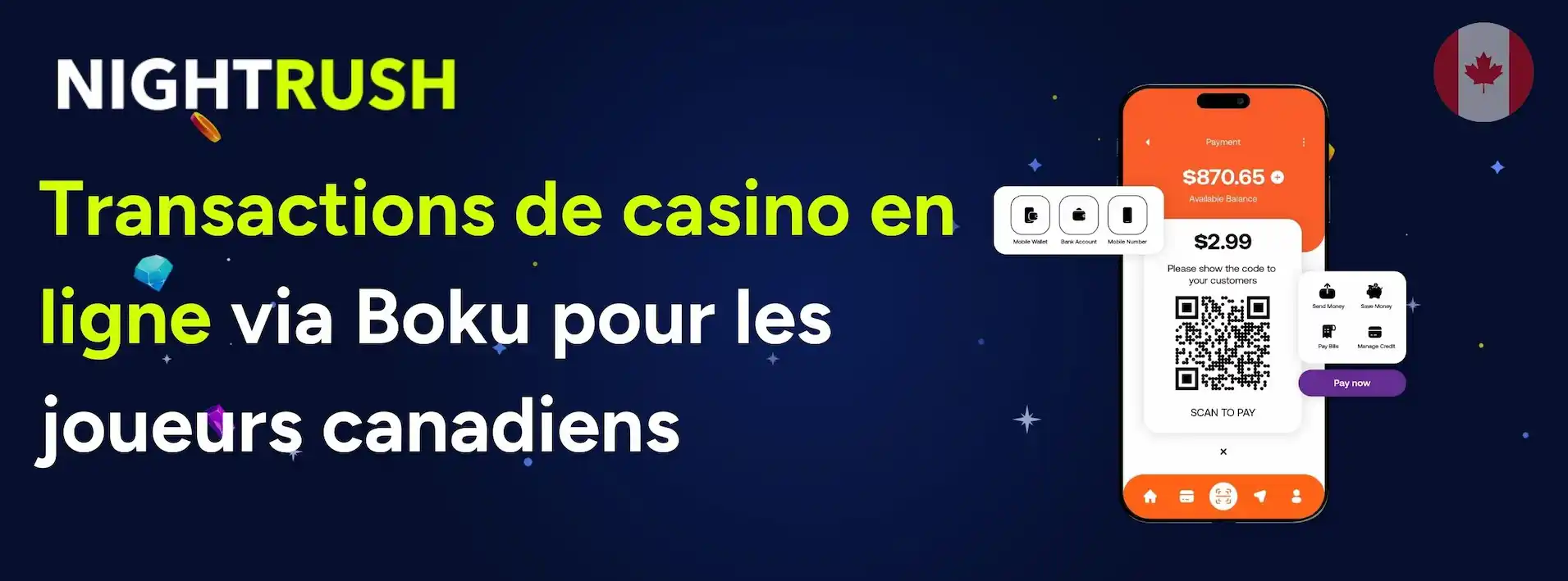 Une bannière Nightrush avec un drapeau canadien à propos des transactions de casino en ligne avec Boku pour les joueurs canadiens.