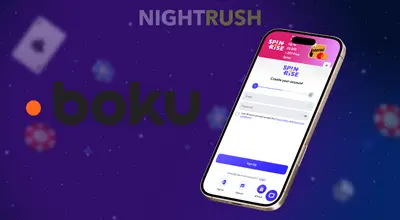 Un téléphone intelligent affiche une page d’inscription à un casino à côté du logo Boku et de la marque Nightrush.