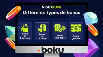 Une image montre le logo Boku avec une coche et quatre icônes représentant des bonus de casino.