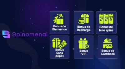 Types de bonus proposés par les casinos Spinomenal, incluant bonus de bienvenue, bonus de recharge, free spins, bonus sans dépôt, bonus VIP et cashback.