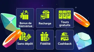 Icônes des bonus de casino en ligne : bonus de bienvenue, recharge, tours gratuits, cashback et fidélité