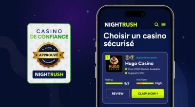 Badge NightRush « casino de confiance » affiché sur smartphone avec un casino recommandé.