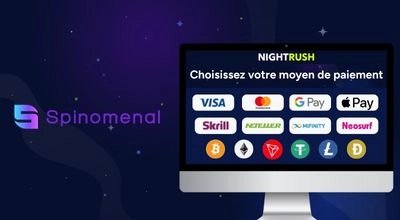 Moyens de paiement disponibles sur les casinos proposant Spinomenal, affichés sur écran avec Visa, Mastercard, Google Pay, Apple Pay, Skrill, Neteller et cryptomonnaies.