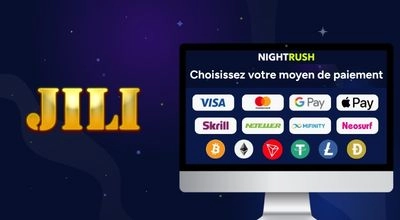 Écran affichant le bonus de bienvenue JILI sur Nightrush avec offre de casino