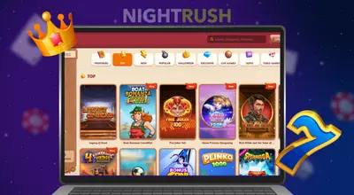 Un ordinateur portable affiche le lobby d’un jeu de casino avec une couronne et une icône du chiffre sept porte-bonheur.