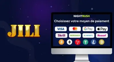 Écran NightRush présentant les moyens de paiement disponibles pour jouer aux jeux JILI Games