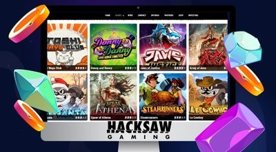 Catalogue de machines à sous Hacksaw Gaming affiché sur écran avec plusieurs jeux populaires du fournisseur.