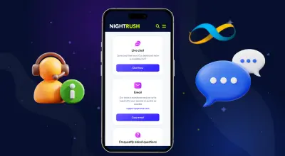 Application mobile MiFinity affichant le support client et les options de contact NightRush
