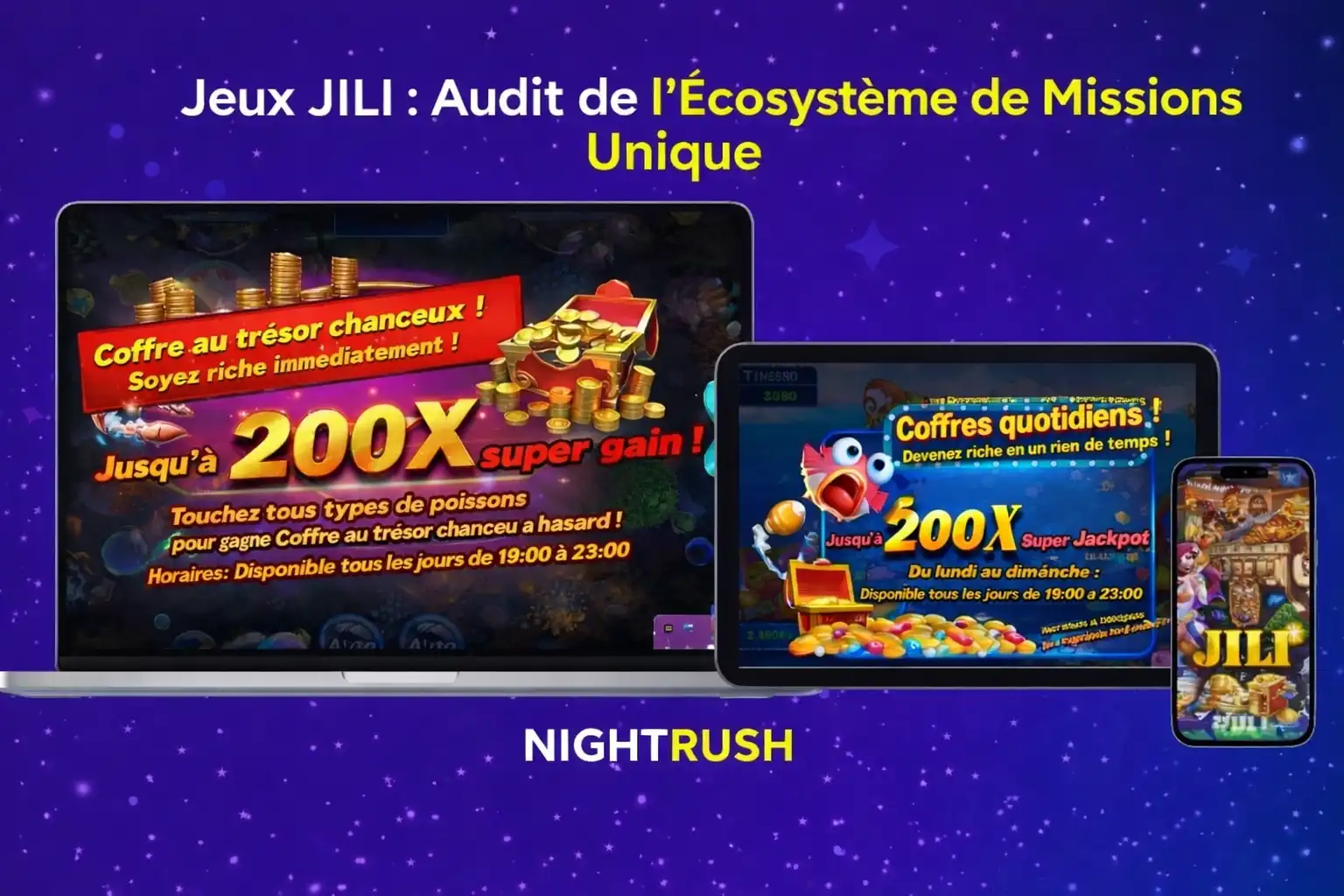 Captures d’écran de preuve de jeu de l’équipe Nightrush, montrant les missions JILI et les déclenchements du jackpot x200 sur mobile et ordinateur.