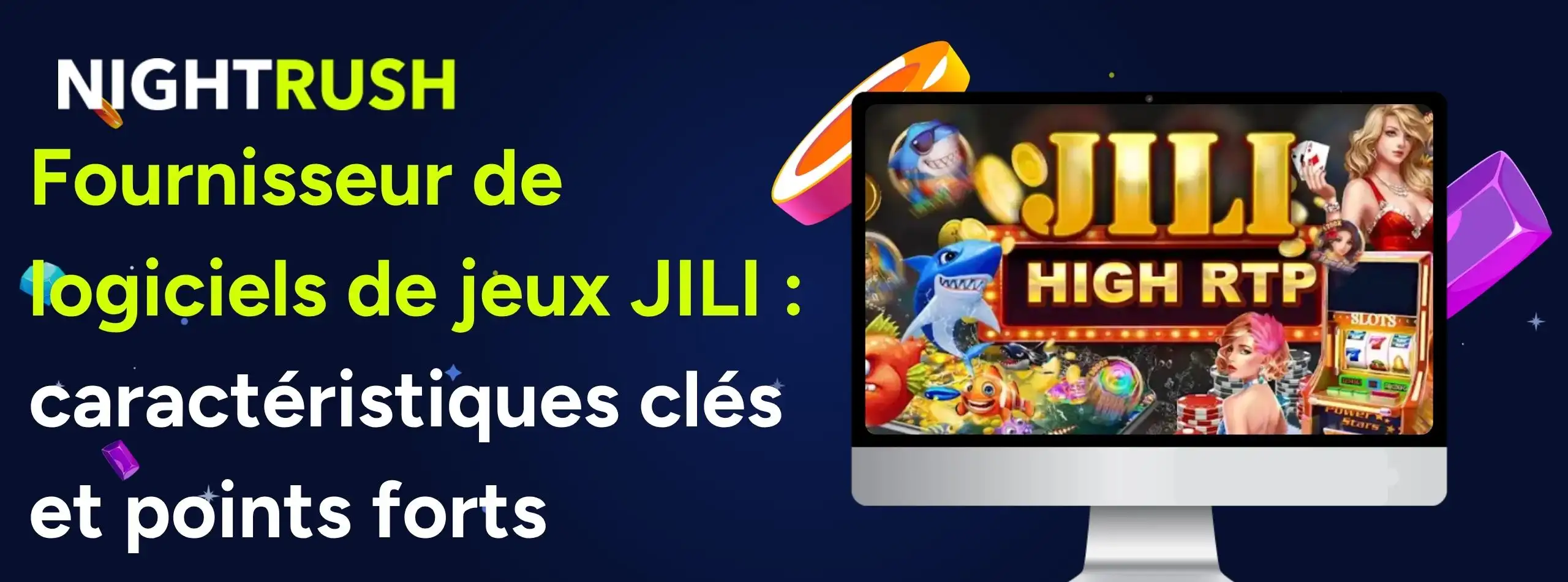 Ordinateur portable affichant des personnages de jeux JILI à RTP élevé, avec du texte sur fond bleu.