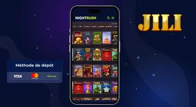 Interface mobile NightRush montrant les jeux et machines à sous JILI Games sur smartphone
