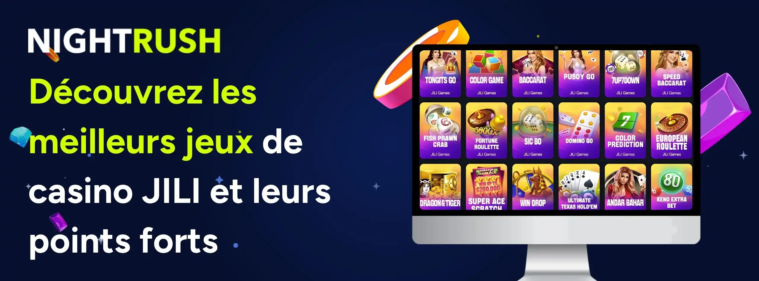 Ordinateur portable affichant des jeux JILI et du texte sur fond bleu.