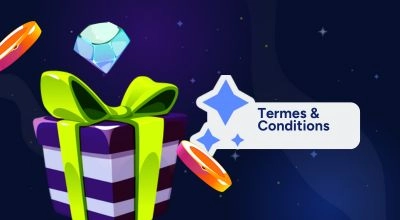 Un cadeau emballé, des pierres précieuses brillantes et des pièces entourent une boîte de texte affichant les Termes et Conditions.
