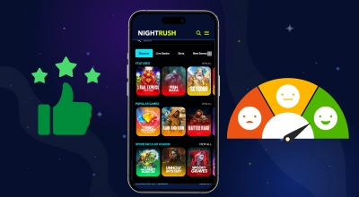 Une application de casino sur téléphone est affichée à côté d’une icône « pouce en l’air », de trois étoiles et d’un indicateur de satisfaction.