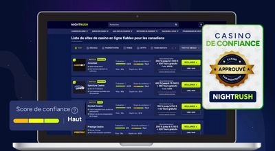 Un ordinateur portable affiche la liste des casinos fiables sur Nightrush, mettant en évidence un indice de confiance élevé à côté d’un grand diamant bleu.