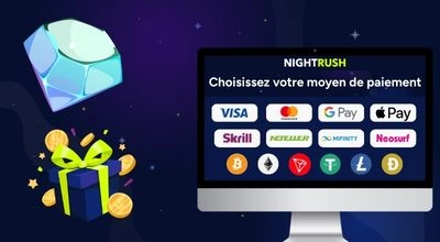 Un écran présente les méthodes de paiement disponibles, incluant cartes, portefeuilles électroniques et cryptomonnaies, à côté de pièces d’or.