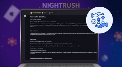 Un ordinateur portable affiche une page de jeu responsable avec un texte légal à côté d’une icône de main attribuant des notes.
