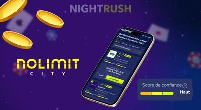 Un téléphone affiche une liste de casinos avec un indice de confiance élevé à côté du logo Nolimit City.