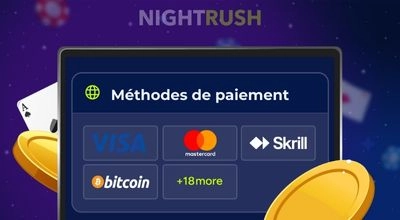 Une publicité de casino montre un téléphone avec un écran de paiement, une boîte des méthodes de dépôt et des pièces d’or.