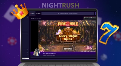 Un ordinateur portable affiche un site de casino avec le jeu en argent réel Fire in the Hole 2 sur une machine à sous, accompagné d’une couronne et d’un chiffre sept porte-bonheur.