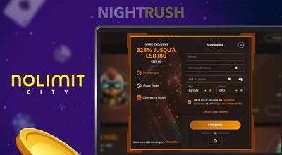 Un écran d’ordinateur portable affiche un site de casino avec une fenêtre contextuelle de sélection de bonus de bienvenue et un formulaire d’inscription.