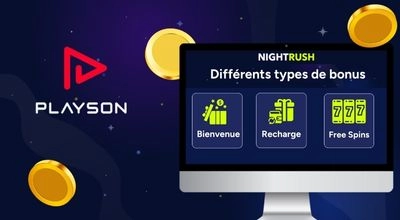 Différents types de bonus proposés sur les casinos en ligne Playson au Canada, dont bonus de bienvenue, bonus de recharge et free spins.
