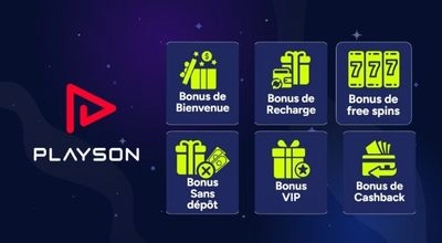 Bonus disponibles sur les casinos Playson au Canada, incluant bonus de bienvenue, recharges, free spins, cashback et offres VIP.