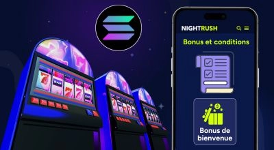 Machine à sous de casino en ligne avec smartphone affichant bonus et conditions NightRush