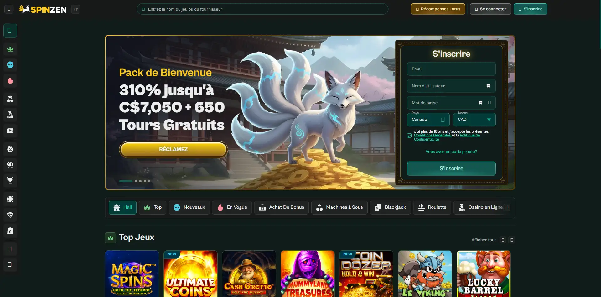 Page d’accueil du casino en ligne Spinzen affichant le lobby, les jeux et les promotions.