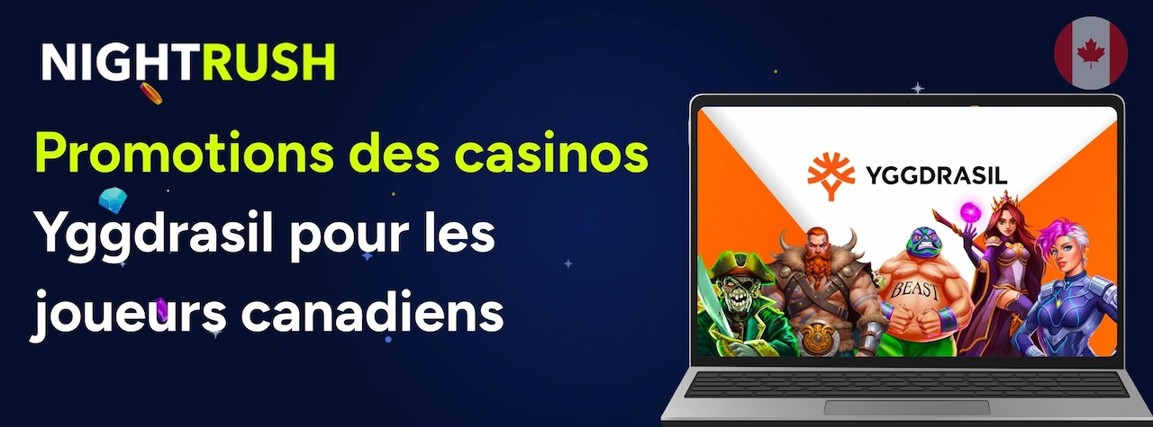 bannière Nightrush avec drapeau du Canada et expliquant les bonus de casino Yggdrasil