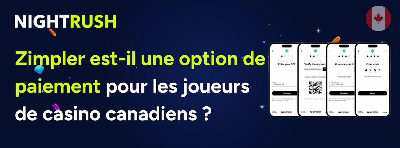 Bannière NightRush demandant si Zimpler est une option de paiement adaptée aux joueurs de casino canadiens, avec aperçu du processus d’inscription sur mobile.