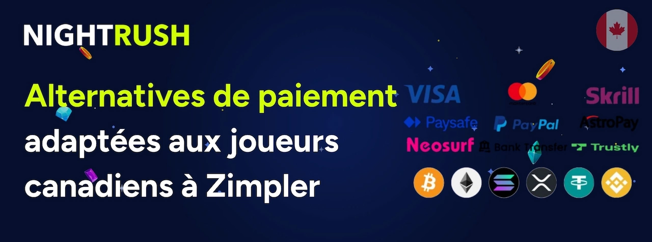 Bannière NightRush présentant des alternatives de paiement adaptées aux joueurs canadiens à Zimpler, avec Visa, Mastercard, Skrill, PayPal et cryptomonnaies.