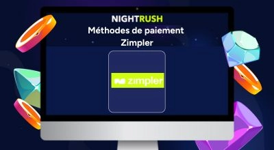 Interface NightRush affichant Zimpler comme méthode de paiement disponible sur un casino en ligne.