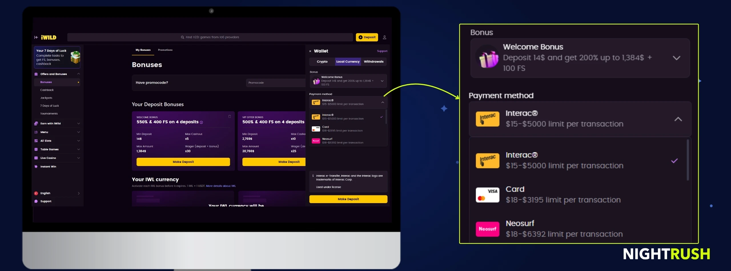 Page des bonus de casino présentant les options de dépôt et les méthodes de paiement comme Interac, carte de crédit, Neosurf.
