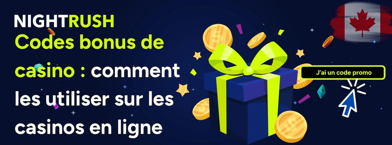 Bannière expliquant l’utilisation des codes bonus dans les casinos en ligne, avec un cadeau et des pièces, pour les joueurs au Canada.