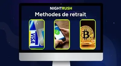 Écran Nightrush affichant « Méthodes de retrait » avec icônes Visa, portefeuille mobile et Bitcoin.